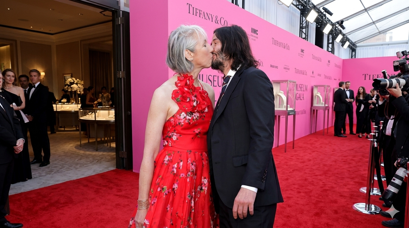 Keanu Reeves and Alexandra Grant sharing a romantic kiss on the red carpet at a Tiffany and Co event.