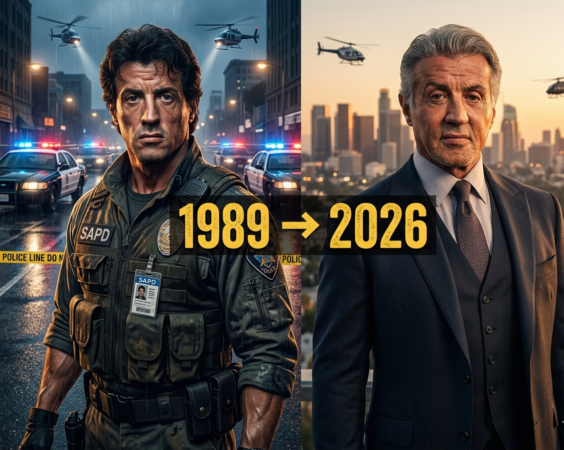 Cinematic split composition of Sylvester Stallone in 1989 as a young police officer and in 2026 as an older distinguished man in a suit.