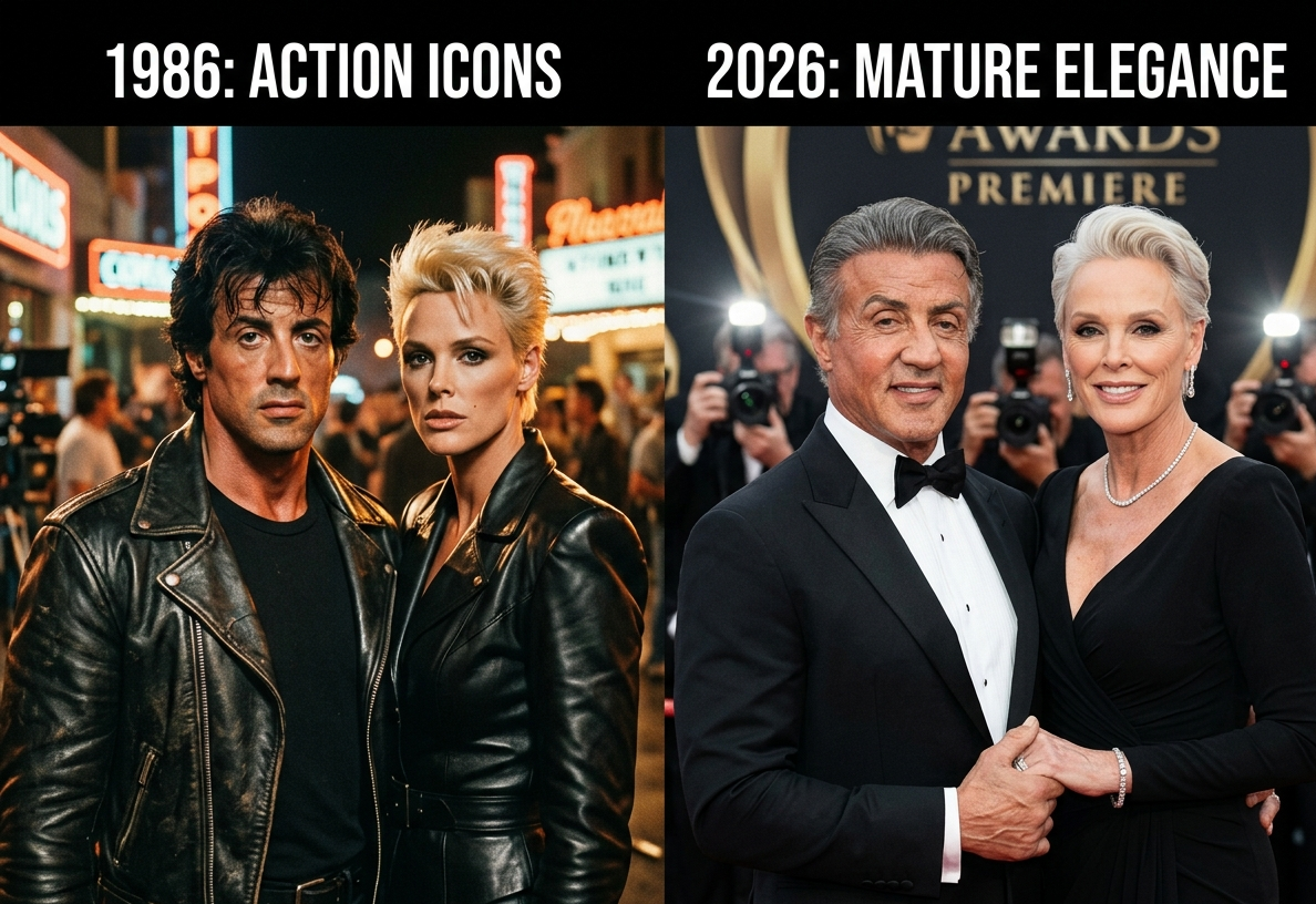 Sylvester Stallone and Brigitte Nielsen comparison from 1986 and 2026 in a cinematic split-screen collage
