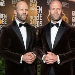 Jason Statham wearing a brown velvet tuxedo jacket and black bow tie at the 67th Annual Golden Globe Awards red carpet in image_ae495c.jpg