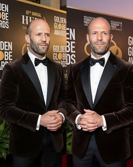 Jason Statham wearing a brown velvet tuxedo jacket and black bow tie at the 67th Annual Golden Globe Awards red carpet in image_ae495c.jpg