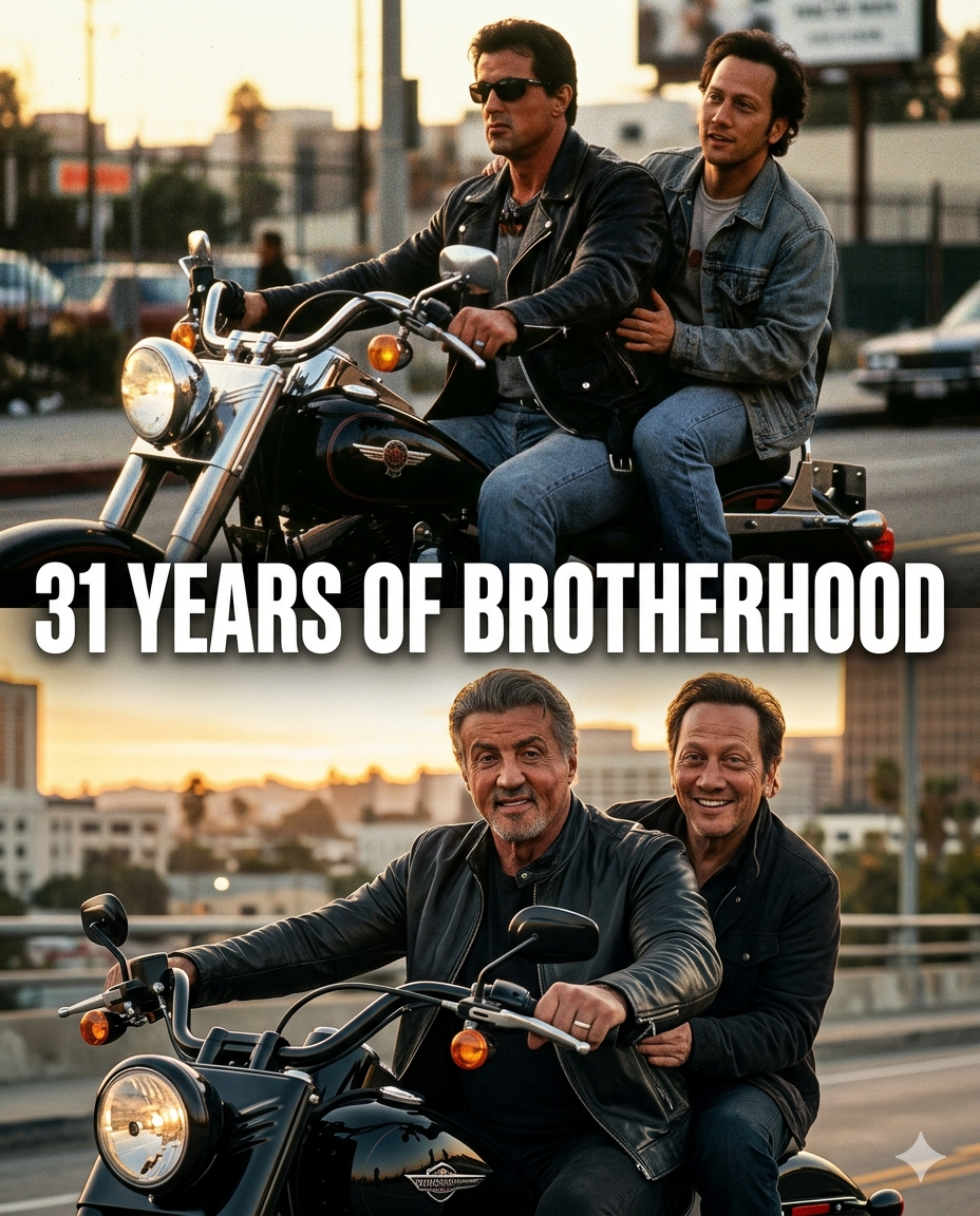 Sylvester Stallone and Rob Schneider recreating their Judge Dredd motorcycle moment after 31 years