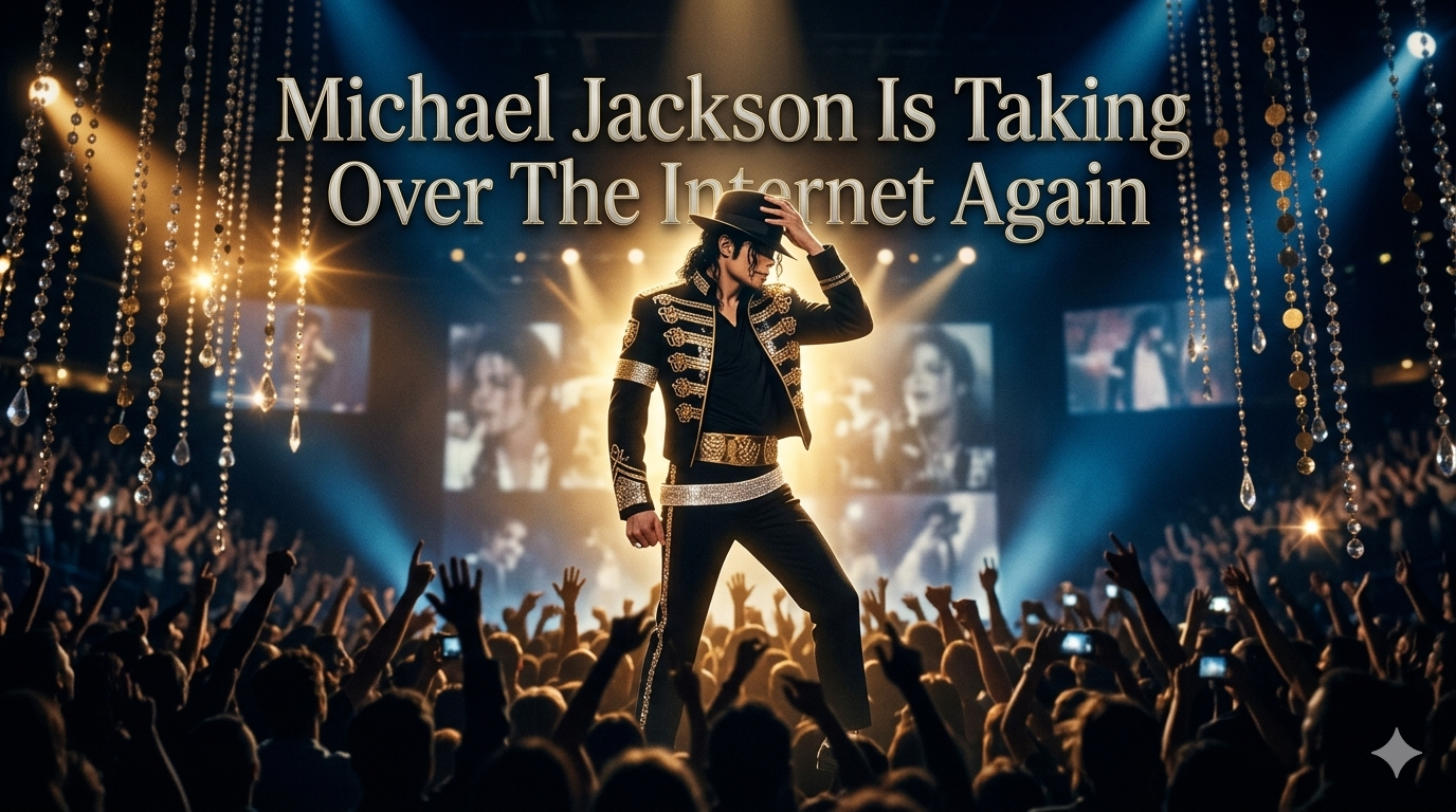 Cinematic banner of Michael Jackson performing on stage in a black and gold legendary outfit with a fedora, featuring the text "Michael Jackson Is Taking Over The Internet Again."