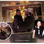 Romantic collage of Keanu Reeves and Alexandra Grant: a warm winter embrace by a glowing fountain and a formal red-carpet moment together.