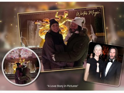 Romantic collage of Keanu Reeves and Alexandra Grant: a warm winter embrace by a glowing fountain and a formal red-carpet moment together.