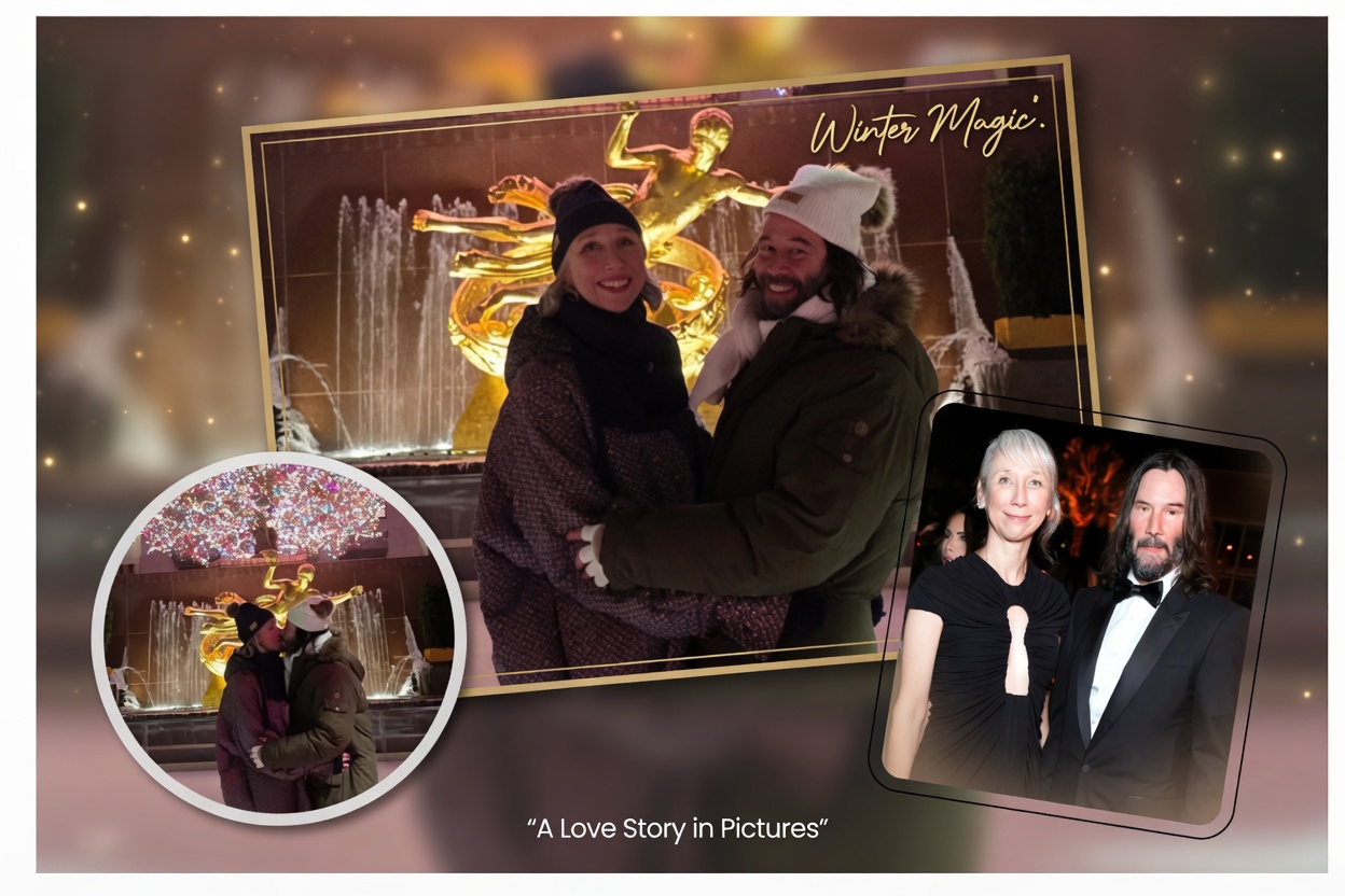Romantic collage of Keanu Reeves and Alexandra Grant: a warm winter embrace by a glowing fountain and a formal red-carpet moment together.