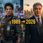 Cinematic split composition of Sylvester Stallone in 1989 as a young police officer and in 2026 as an older distinguished man in a suit.