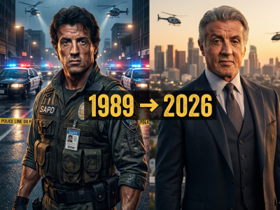 Cinematic split composition of Sylvester Stallone in 1989 as a young police officer and in 2026 as an older distinguished man in a suit.