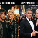 Sylvester Stallone and Brigitte Nielsen comparison from 1986 and 2026 in a cinematic split-screen collage