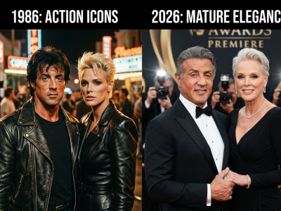Sylvester Stallone and Brigitte Nielsen comparison from 1986 and 2026 in a cinematic split-screen collage