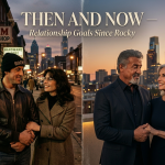Side-by-side image of young and older Sylvester Stallone and Talia Shire inspired by Rocky, showing their timeless relationship and Hollywood legacy.