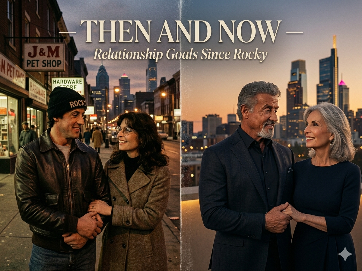 Side-by-side image of young and older Sylvester Stallone and Talia Shire inspired by Rocky, showing their timeless relationship and Hollywood legacy.